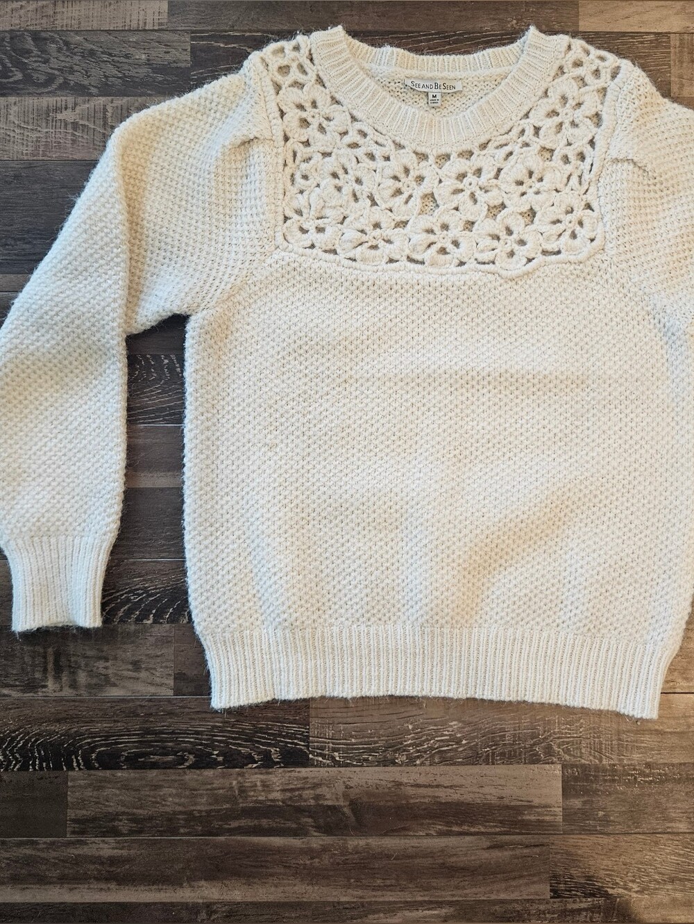 Crochet Yoke Crewneck Sweater - Oatmeal
